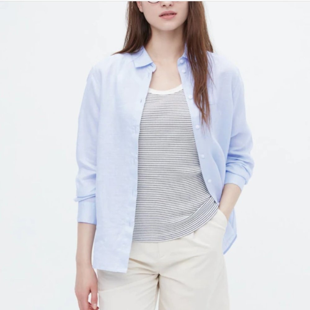 UNIQLO Women's Linen Button Up Shirt, French Blue, Small